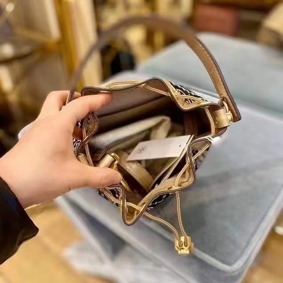 Tory Burch T Monogram Black and Beige Bucket Bag
